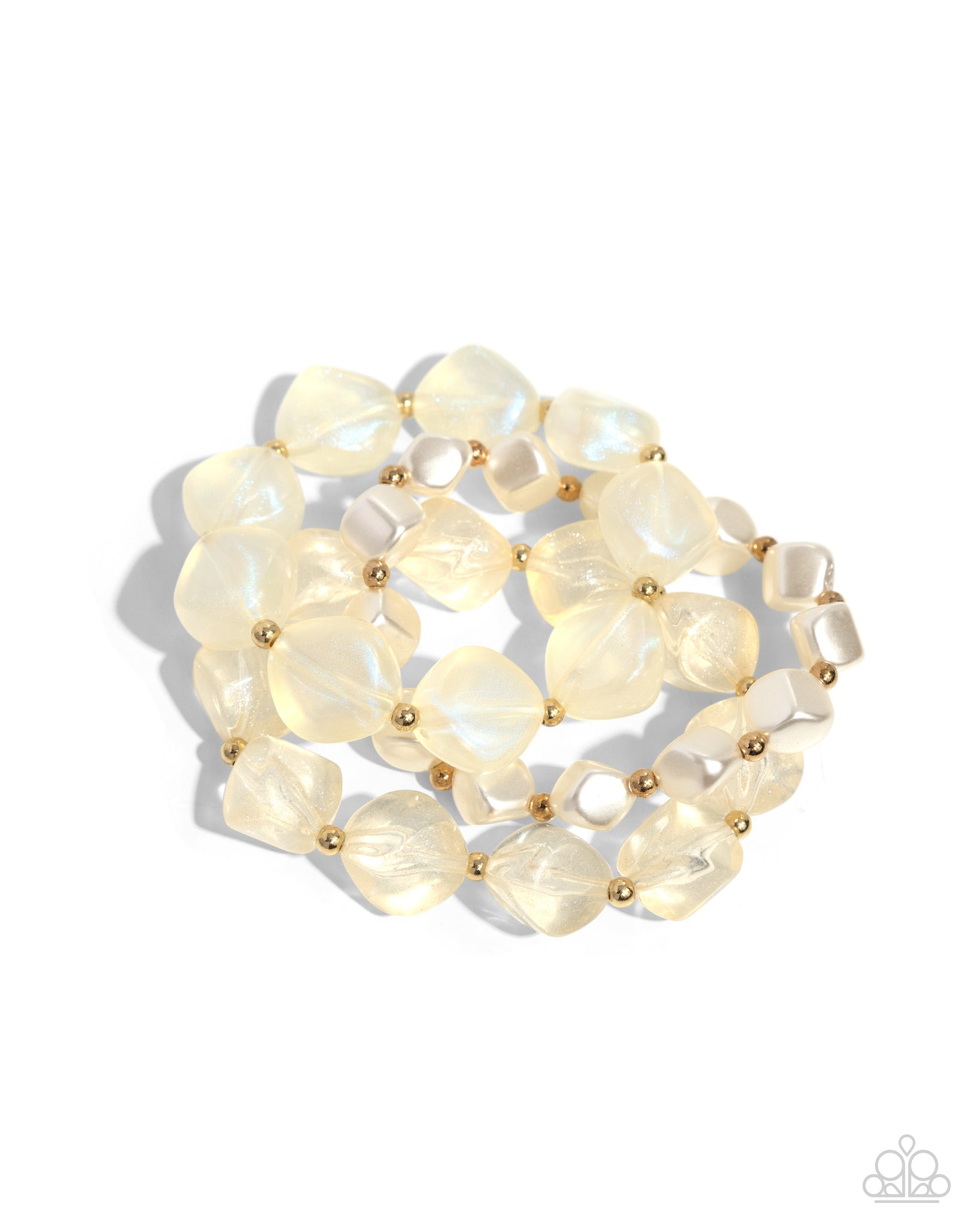 GLITTERY GALA - GOLD WHITE PEARL AND ACRLYIC CUBE STRETCHY BRACELET - PAPARAZZI