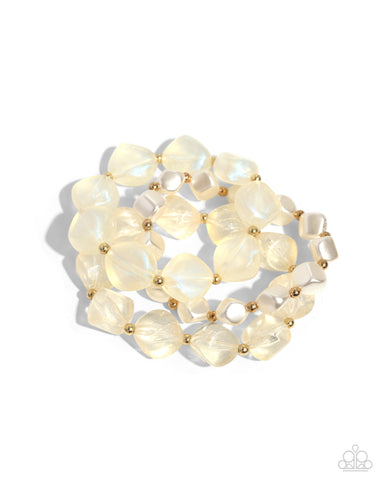 GLITTERY GALA - GOLD WHITE PEARL AND ACRLYIC CUBE STRETCHY BRACELET - PAPARAZZI