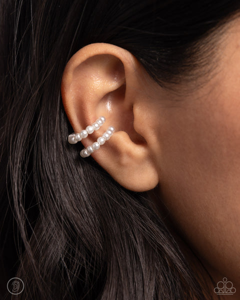 PEARLS JUST WANT TO HAVE FUN - WHITE PEARL SILVER EAR CUFF EARRINGS - PAPARAZZI