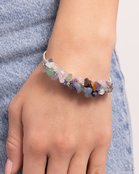 DAINTY DECONSTRUCTION - MULTI COLOR STONE SILVER FLEXI CUFF BRACELET - PAPARAZZI