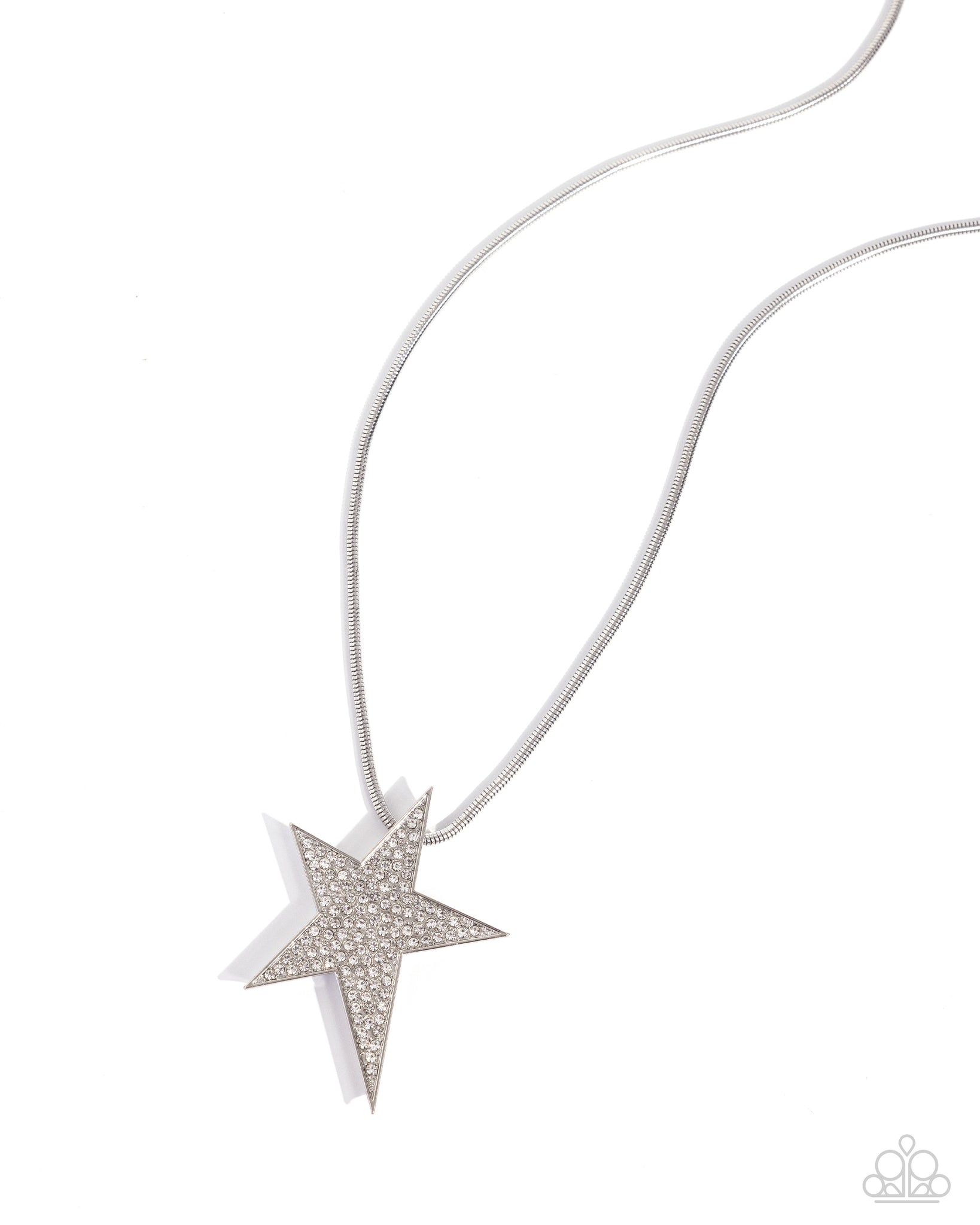 PATRIOTIC PERFORMER - WHITE RHINESTONE SILVER STAR LONG NECKLACE - PAPARAZZI