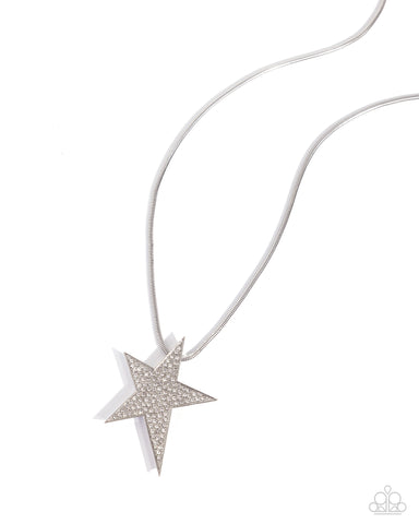 PATRIOTIC PERFORMER - WHITE RHINESTONE SILVER STAR LONG NECKLACE - PAPARAZZI