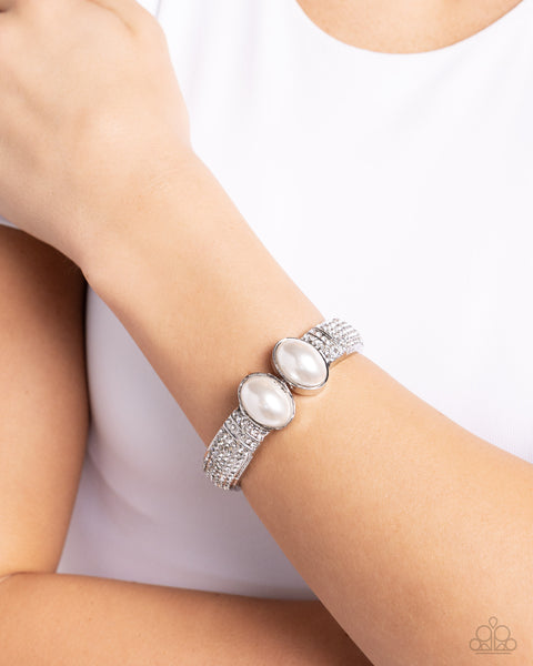 BALANCED BREVITY - WHITE PEARL RHINESTONE SILVER HINGED BRACELET - PAPARAZZI