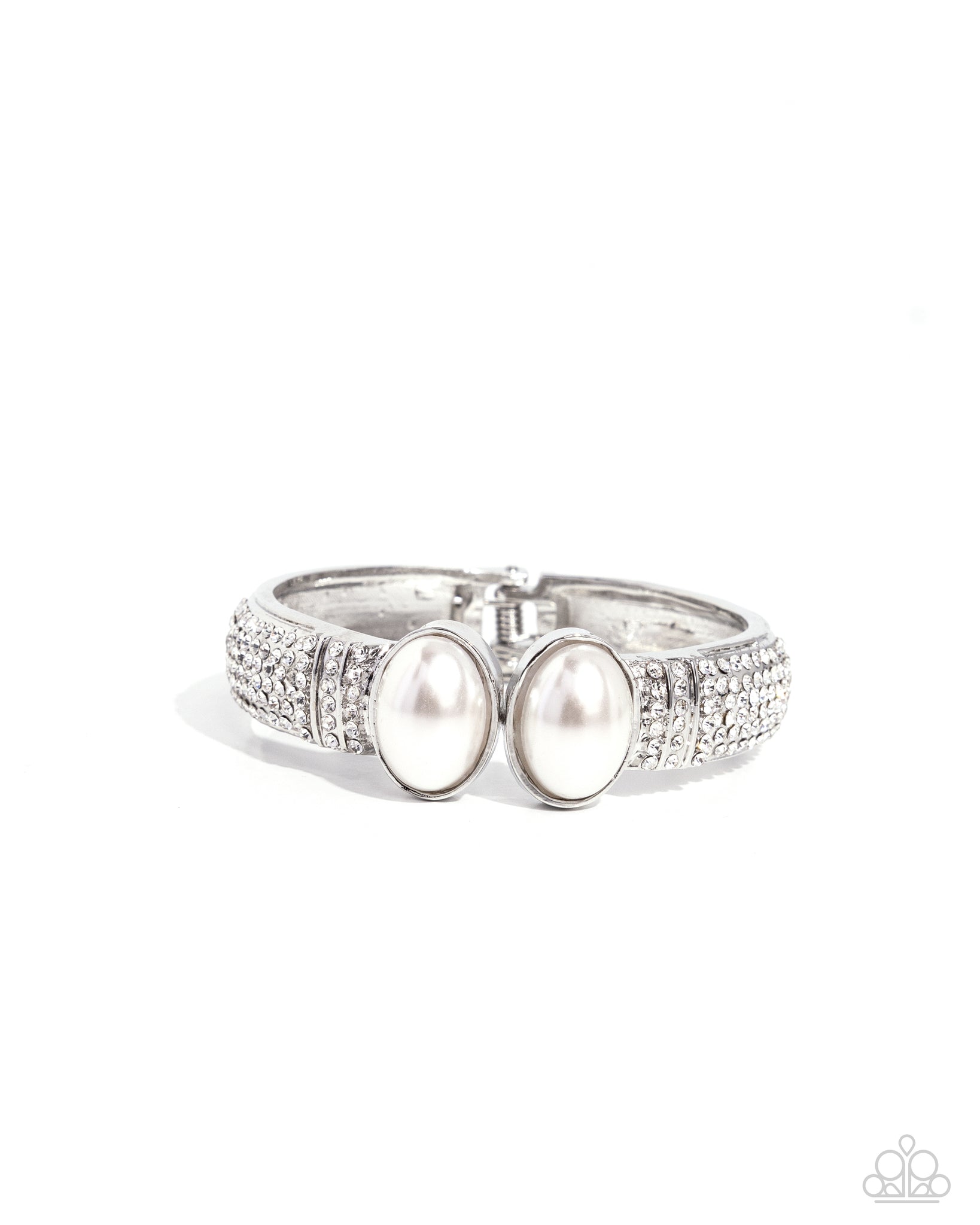 BALANCED BREVITY - WHITE PEARL RHINESTONE SILVER HINGED BRACELET - PAPARAZZI