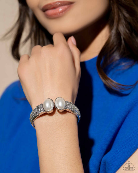 BALANCED BREVITY - WHITE PEARL RHINESTONE SILVER HINGED BRACELET - PAPARAZZI