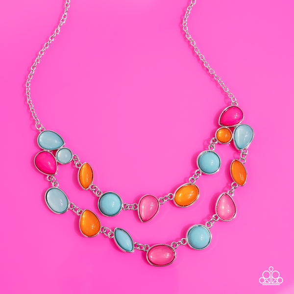 VARIETY VOGUE - PINK BLUE AND ORANGE BEAD SILVER LAYERED SHORT NECKLACE - PAPARAZZI