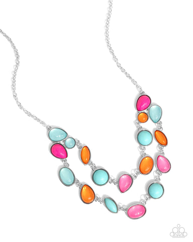 VARIETY VOGUE - PINK BLUE AND ORANGE BEAD SILVER LAYERED SHORT NECKLACE - PAPARAZZI