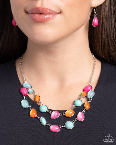 VARIETY VOGUE - PINK BLUE AND ORANGE BEAD SILVER LAYERED SHORT NECKLACE - PAPARAZZI