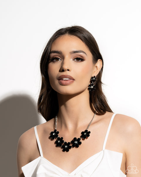 A BLAST OF BLOSSOMS - BLACK FLOWER GEM SILVER EARRINGS - PAPARAZZI