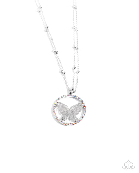 FESTIVE FLIGHT - MULTI IRIDESCENT RHINESTONE SILVER BUTTERFLY SHORT NECKLACE - PAPARAZZI