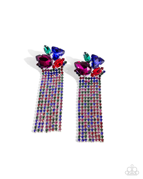 BLINDING BLEND - MULTI  GEM RHINESTONE FRINGE SILVER POST EARRINGS - PAPARAZZI