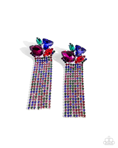 BLINDING BLEND - MULTI  GEM RHINESTONE FRINGE SILVER POST EARRINGS - PAPARAZZI