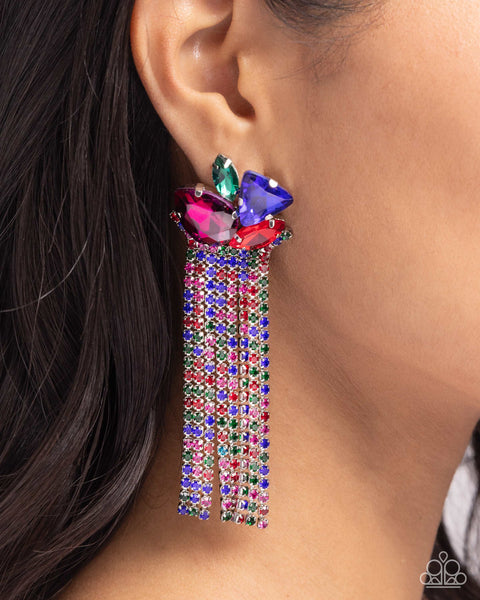 BLINDING BLEND - MULTI  GEM RHINESTONE FRINGE SILVER POST EARRINGS - PAPARAZZI