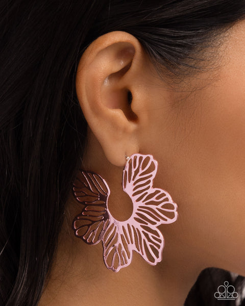 FLORAL FAME - PINK METALLIC FLOWER HOOP EARRINGS - PAPARAZZI