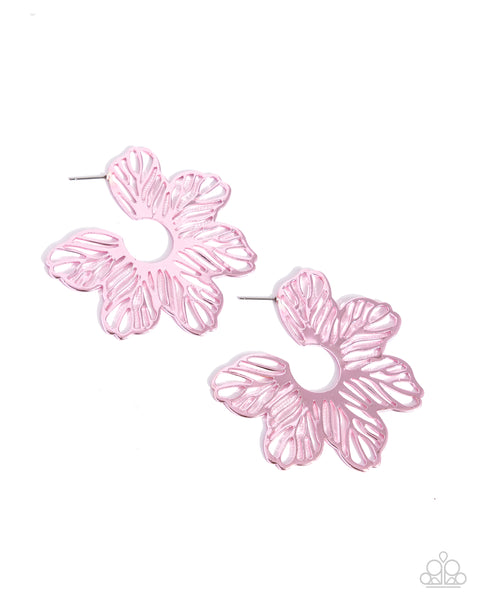 FLORAL FAME - PINK METALLIC FLOWER HOOP EARRINGS - PAPARAZZI