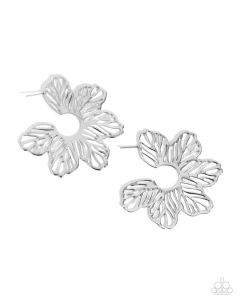 FLORAL FAME - SILVER FLOWER HOOP EARRINGS - PAPARAZZI