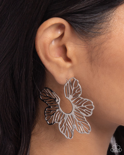 FLORAL FAME - SILVER FLOWER HOOP EARRINGS - PAPARAZZI