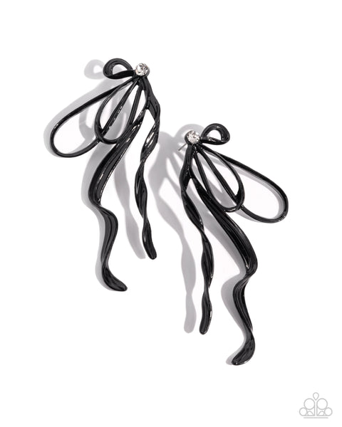 TRENDY TAPESTRY - BLACK BOW WHITE RHINESTONE POST EARRINGS - PAPARAZZI