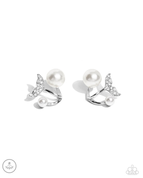 MODULAR MERMAID - WHITE RHINESTONE MERMAID TAIL JACKET EARRINGS - PAPARAZZI