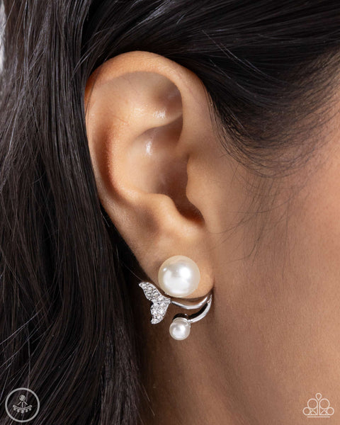 MODULAR MERMAID - WHITE RHINESTONE MERMAID TAIL JACKET EARRINGS - PAPARAZZI