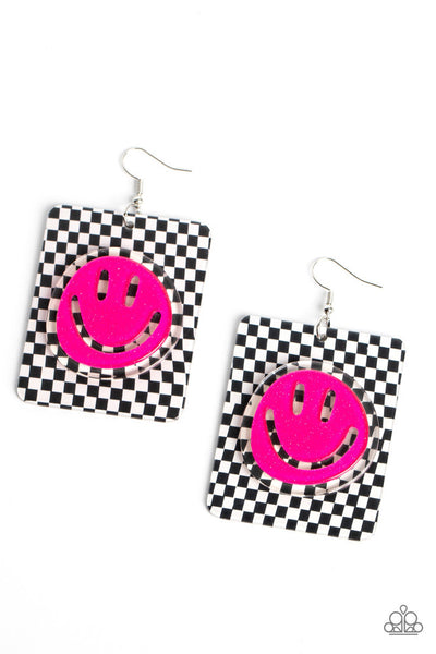 CHEEKY CHECKERBOARD - PINK SMILEY FACE BLACK AND WHITE BACKGROUND EARRINGS - PAPARAZZI EMP 2023