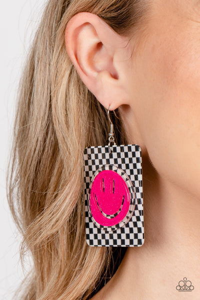 CHEEKY CHECKERBOARD - PINK SMILEY FACE BLACK AND WHITE BACKGROUND EARRINGS - PAPARAZZI EMP 2023
