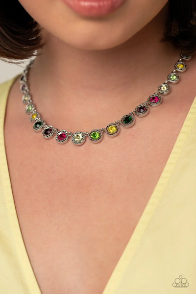 KALEIDOSCOPE CHARM - MULTI COLOR RHINESTONE SILVER NECKLACE - PAPARAZZI LIFE OF THE PARTY MAY 2023