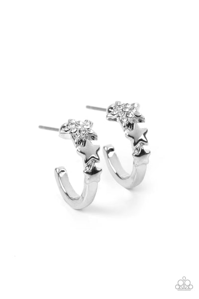 STARFISH SHOWPIECE - WHITE RHINESTONE SILVER STAR TINY HOOP EARRINGS - PAPARAZZI