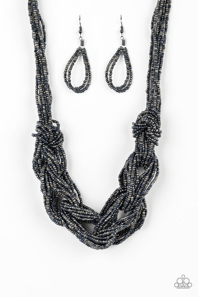 CITY CATWALK - BLUE AND GUN METAL SEED BEAD BRAIDED NECKLACE