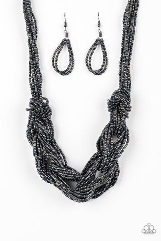CITY CATWALK - BLUE AND GUN METAL SEED BEAD BRAIDED NECKLACE