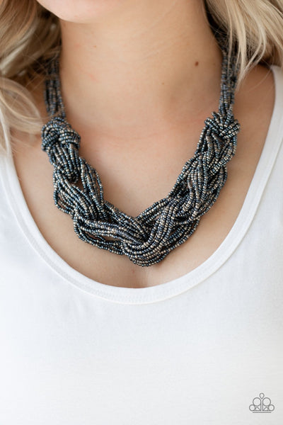CITY CATWALK - BLUE AND GUN METAL SEED BEAD BRAIDED NECKLACE