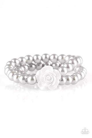 POSH AND POSY - SILVER PEARL WHITE RESIN ROSE STRETCHY BRACELET - PAPARAZZI