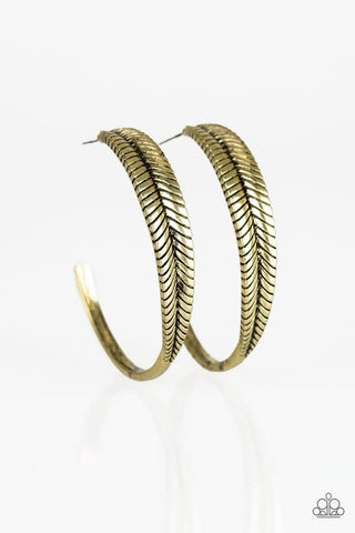 FUNKY FEATHERS - PAPARAZZI - BRASS FEATHER TEXTURED HOOP EARRINGS