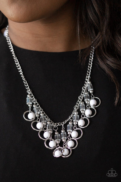 COOL CASCADE - WHITE BEAD SILVER CIRCLE FRINGE NECKLACE - PAPARAZZI