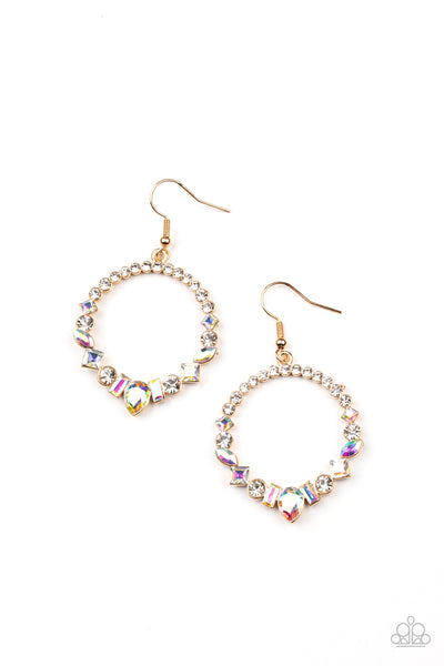 REVOLUTIONARY REFINEMENT - GOLD CIRCLE IRIDESCENT RHINESTONE EARRINGS - PAPARAZZI