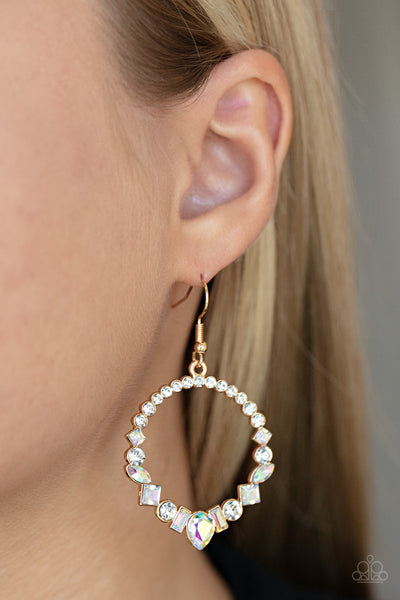 REVOLUTIONARY REFINEMENT - GOLD CIRCLE IRIDESCENT RHINESTONE EARRINGS - PAPARAZZI
