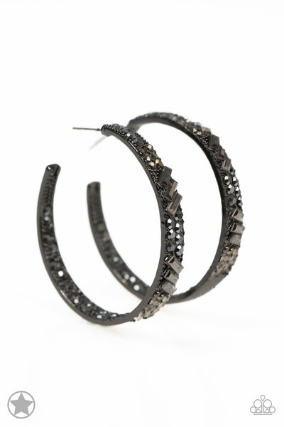 GLITZY BY ASSOCIATION - BLACK HEMATITE RHINESTONE HOOP EARRINGS - BLOCKBUSTER - PAPARAZZI