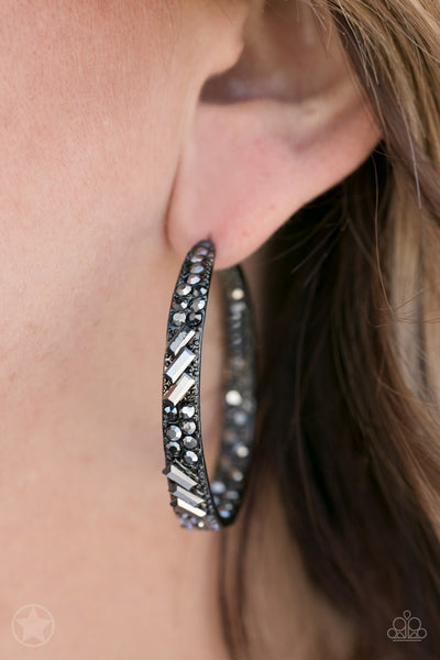 GLITZY BY ASSOCIATION - BLACK HEMATITE RHINESTONE HOOP EARRINGS - BLOCKBUSTER - PAPARAZZI