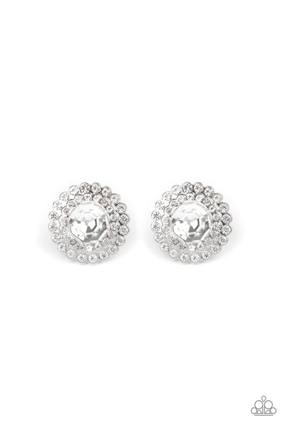 MY SECOND CASTLE - WHITE RHINESTONE SILVER POST EARRINGS - PAPARAZZI