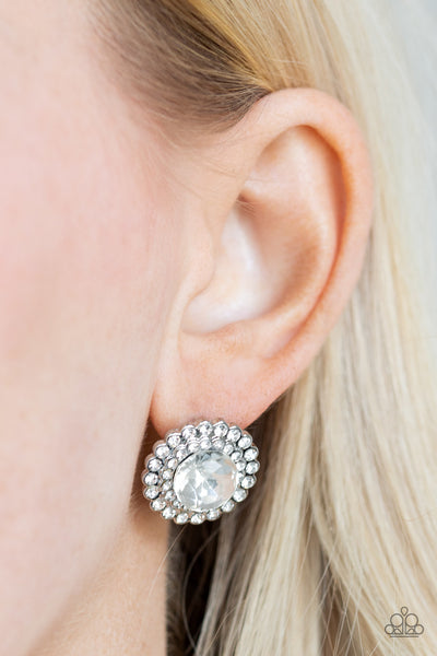 MY SECOND CASTLE - WHITE RHINESTONE SILVER POST EARRINGS - PAPARAZZI
