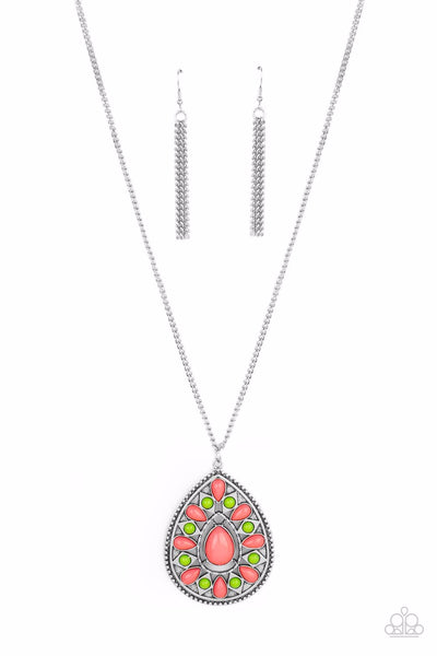 RETRO PRAIRIES - MULTI GREEN AND PINK BEAD SILVER TEARDROP NECKLACE - PAPARAZZI