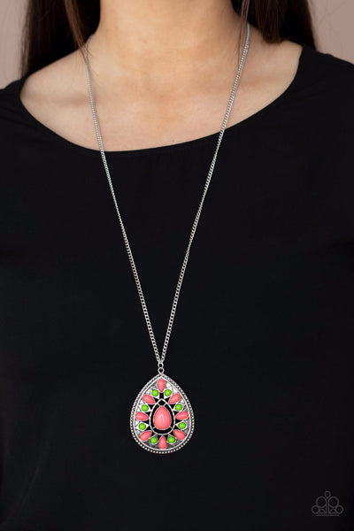 RETRO PRAIRIES - MULTI GREEN AND PINK BEAD SILVER TEARDROP NECKLACE - PAPARAZZI