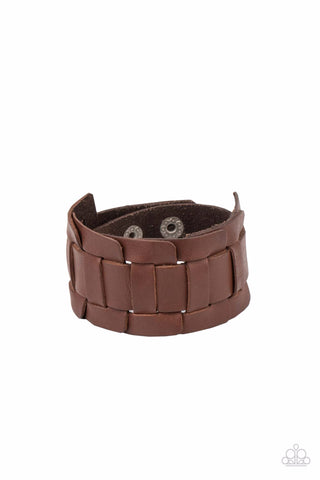 Plainly Plaited - - BROWN WOVEN LEATHER SNAP  BRACELET - PAPARAZZI
