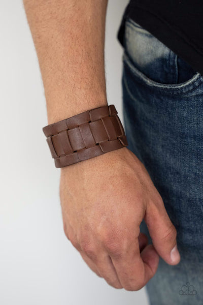 Plainly Plaited - - BROWN WOVEN LEATHER SNAP  BRACELET - PAPARAZZI