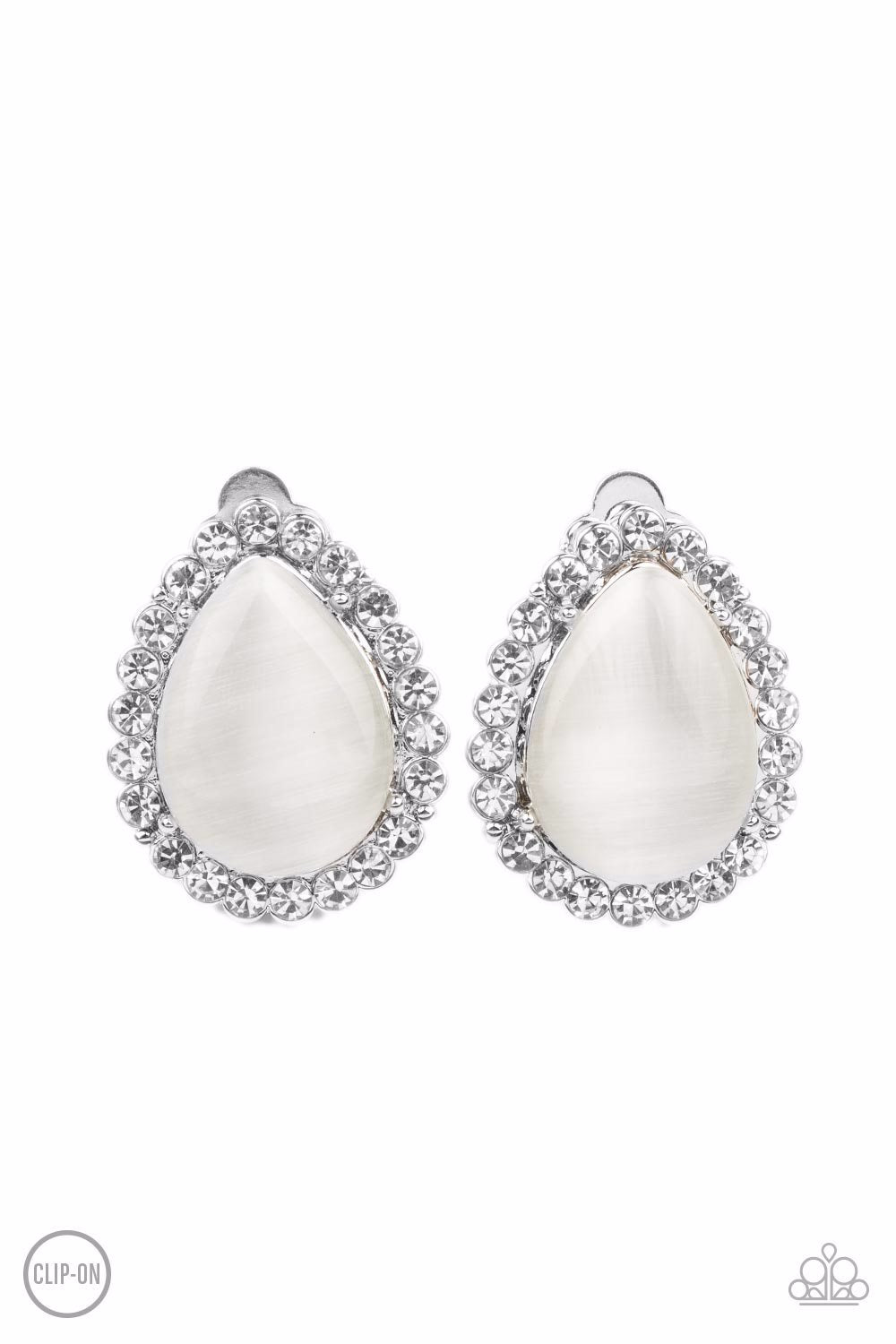 DOWNRIGHT DEMURE - WHITE CAT'S EYE SILVER TEARDROP CLIP-ON EARRINGS - PAPARAZZI