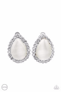 DOWNRIGHT DEMURE - WHITE CAT'S EYE SILVER TEARDROP CLIP-ON EARRINGS - PAPARAZZI