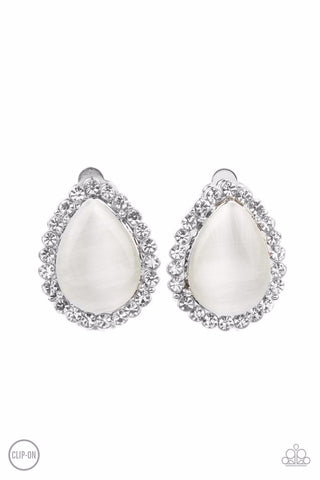 DOWNRIGHT DEMURE - WHITE CAT'S EYE SILVER TEARDROP CLIP-ON EARRINGS - PAPARAZZI