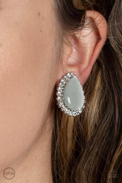 DOWNRIGHT DEMURE - WHITE CAT'S EYE SILVER TEARDROP CLIP-ON EARRINGS - PAPARAZZI