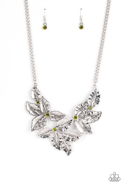 HOLLY HEIRESS - GREEN RHINESTONE SILVER LEAF NECKLACE - PAPARAZZI