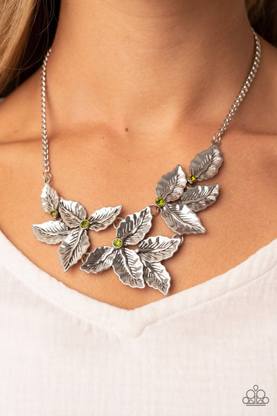 HOLLY HEIRESS - GREEN RHINESTONE SILVER LEAF NECKLACE - PAPARAZZI